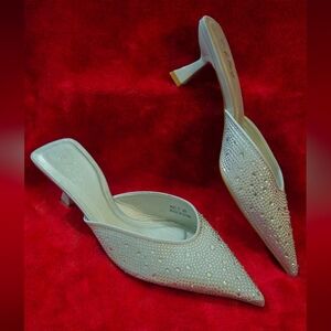 h & y Silver Rhinestone Embellished Mules - Size 9/40